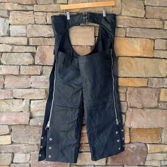 Black Leather side zip/snap motorcycle chaps Women's L Adj. Silver Buckle Waist - Picture 2 of 13